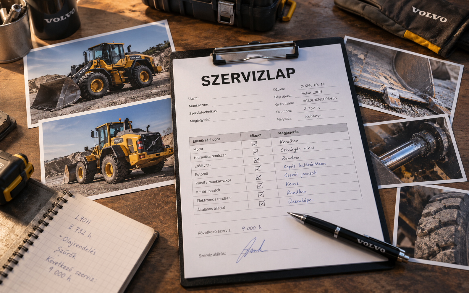 Munkagépről készült állapotfotók és szervizdokumentáció, amelyek kiegészítő információt adhatnak a műszaki állapot szakértői értékeléséhez.