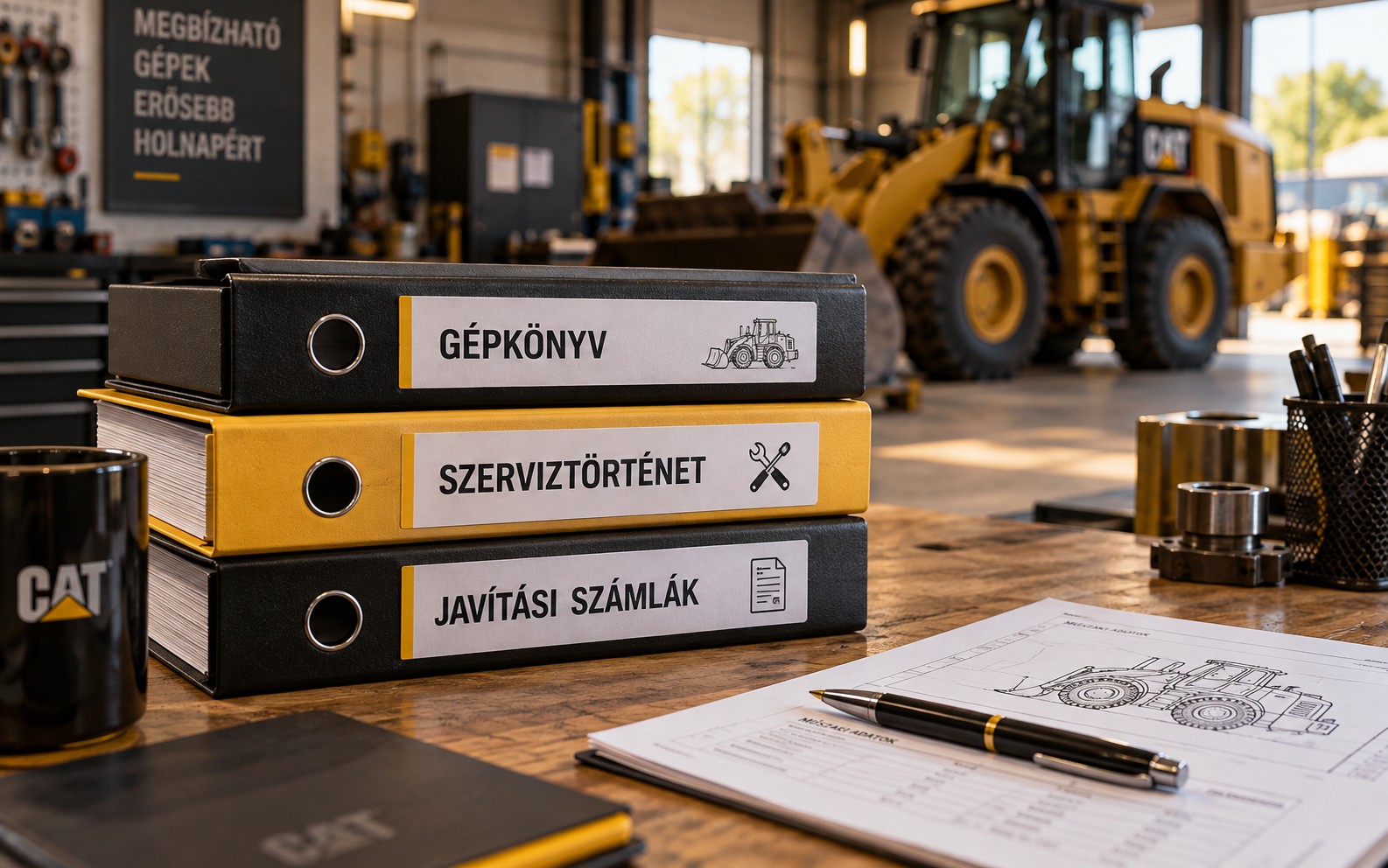 Munkagép gépkönyve, szerviztörténete és javítási dokumentumai, amelyek segíthetik a független műszaki szakértői vizsgálatot.